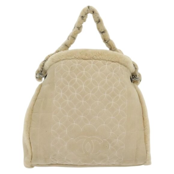 CHANEL Choco Bar Shoulder Bag Mouton Beige Silver CC Auth 136727 - Picture 1 of 16